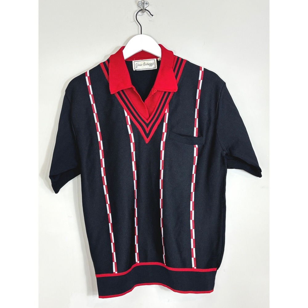Vintage Gino Barozzi Knit Polo Shirt Mens Medium Black Red Racing Stripe Mod
